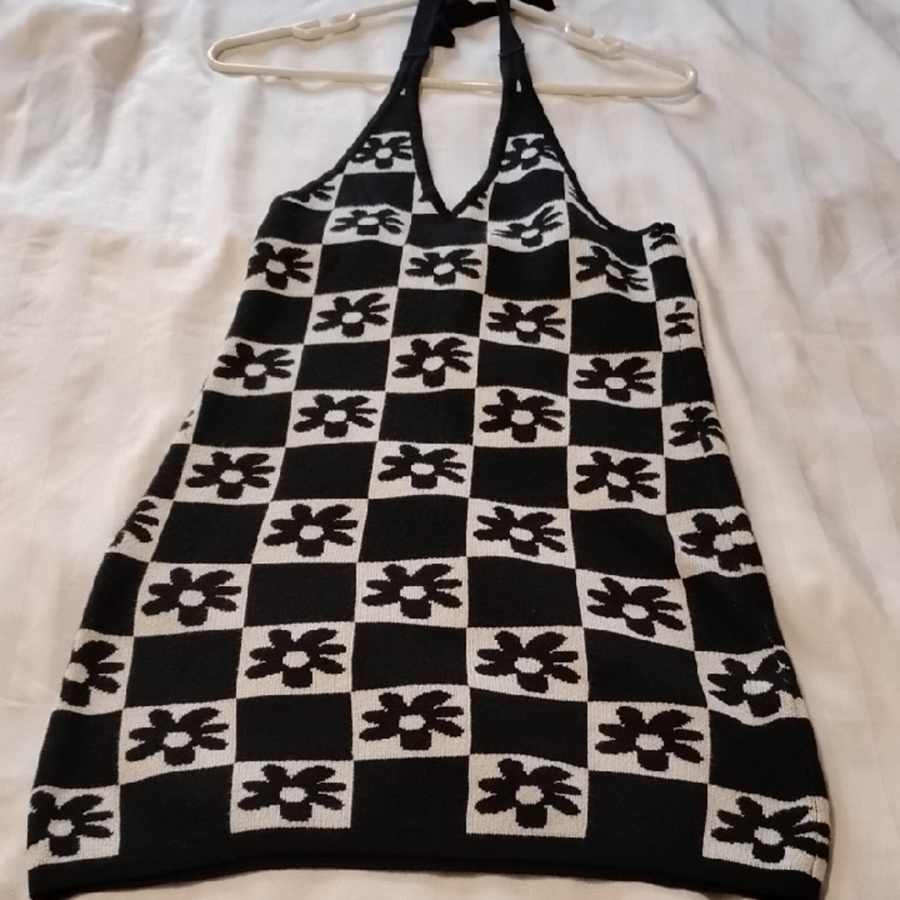 Fashion Nova Black & White Mini Halter Sweater Dress, Size: S